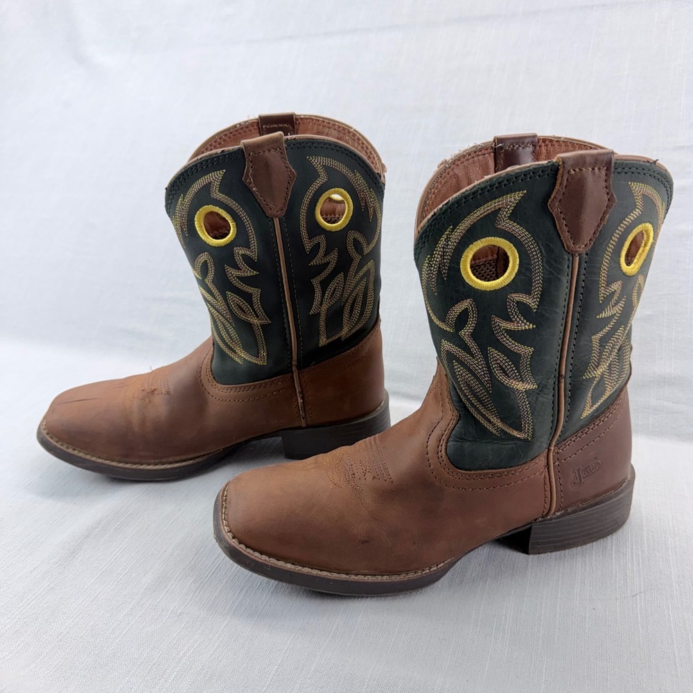 Justin Cowboy Boots Youth 4.5 Western Square Toe Brown Green Stitched 3702